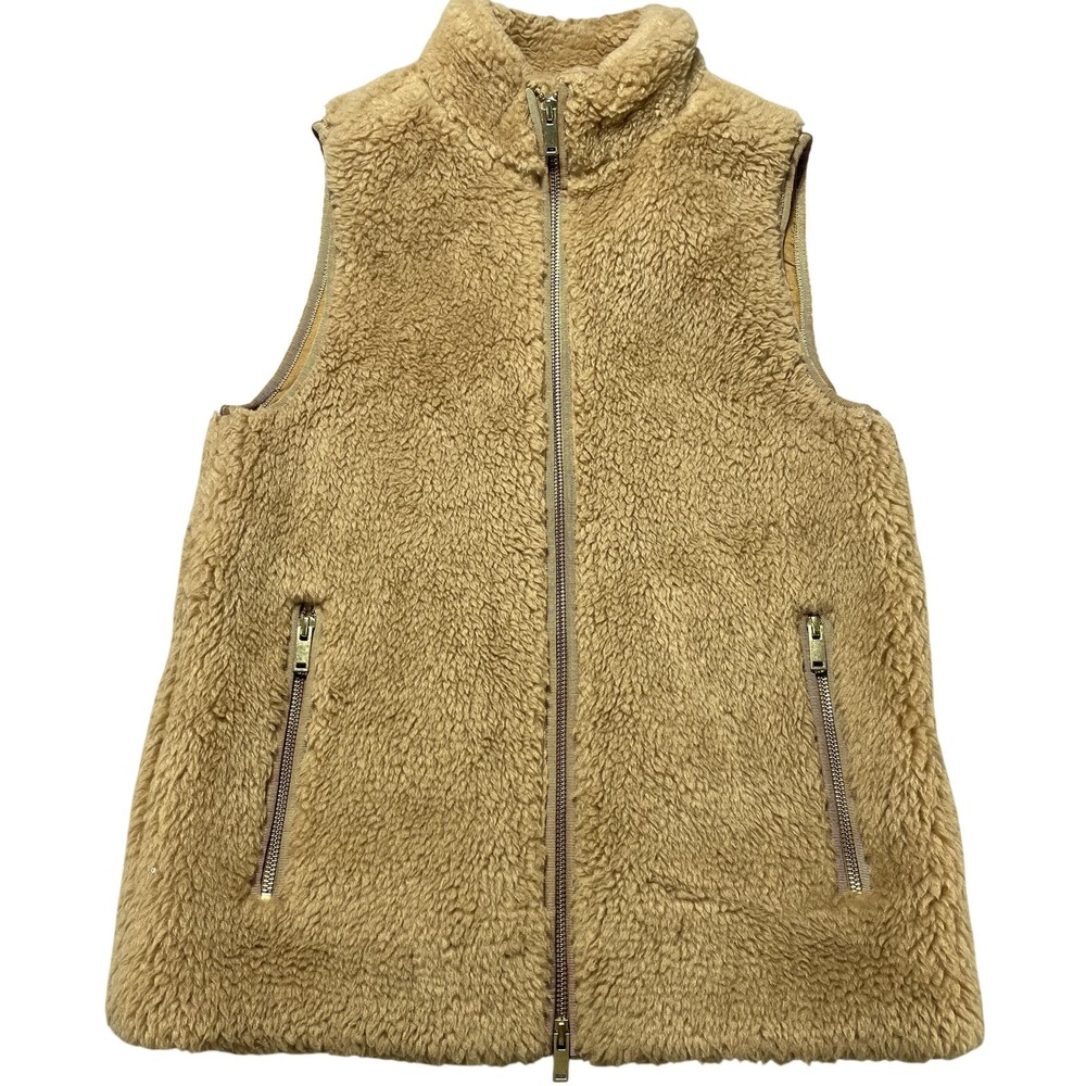 J.Crew Vest Womens XXS Brown Faux Fur Sherpa Fleece Full Zip Lined Pockets